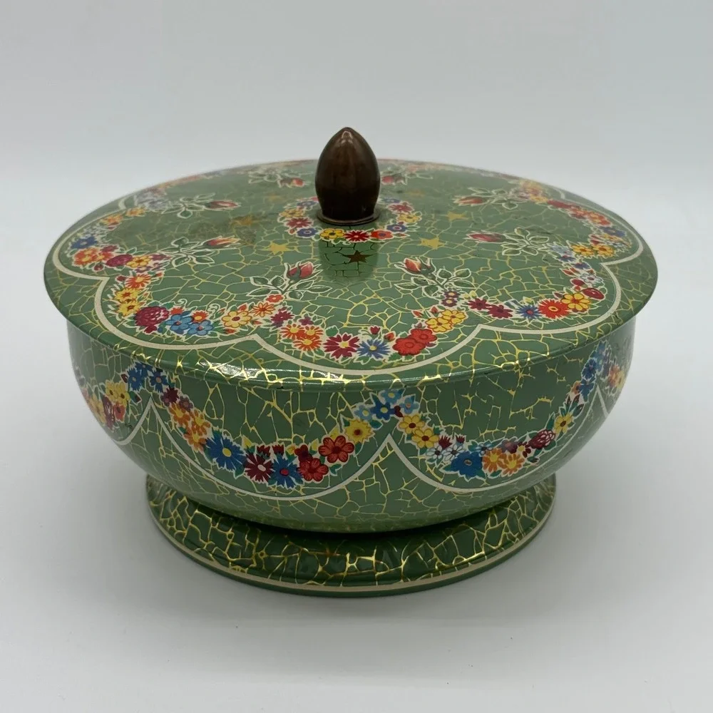 Vintage Daher England Green Crackle Floral Pedestal Candy Tin Acorn Knob Lid